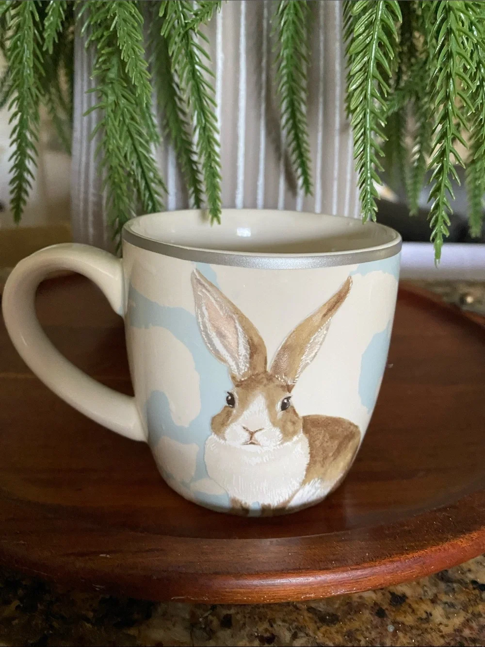 Williams-Sonoma Damask Bunny coffee mug w/ brown rabbit design